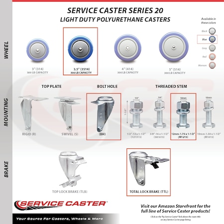 Service Caster 3.5 Inch Blue Polyurethane Swivel 12mm Stem Caster Total Lock Brake, 2PK SCC-TSTTL20S3514-PPUB-BLUE-M1215-2S2